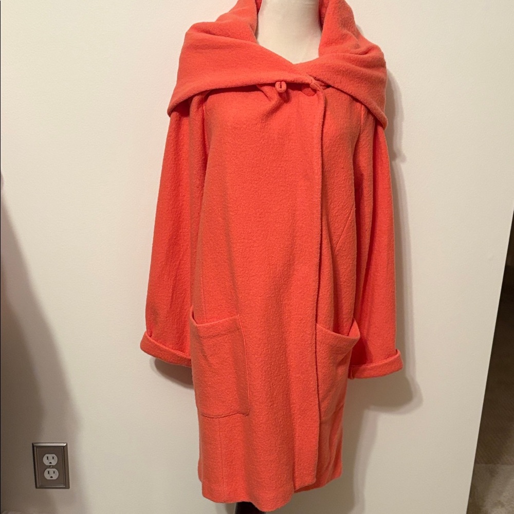 Moth brand from Anthropologie 100% wool. Vibrant Coral cardigan/coat